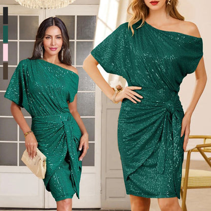 🔥Limited stock available 50% OFF🔥💜 Women's One Shoulder Sequin Sparkling Party Club Dress