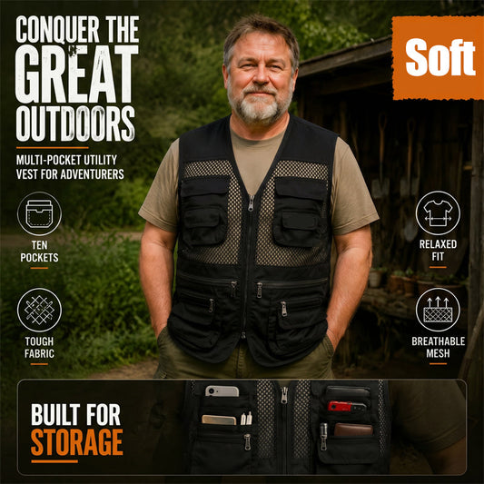 🌿 EVERYDAY UTILITY 🦺 Men’s Multi-Pocket Mesh Vest – Relaxed Sleeveless Fit, Durable Fabric & Organized Storage