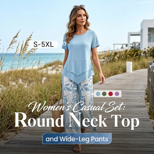 🥳SUMMER HOT SALE🥳💞50K+ SOLD!💥50% OFF! 🔥Casual Round Neck Layered Tunic Top and Wide Leg Pants Set