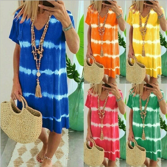 👗🌈 LIMITED-TIME 50% OFF! Tie-Dye Striped Short Sleeve T-Shirt Dress – Lightweight Fabric, V-Neck & Flowy Mini Fit ✨
