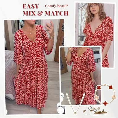🔥LAST DAY SALE 50% OFF🌷Bohemian Casual Print V-neck Shirred Waist Long Dress