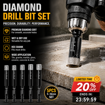 🥳2026 HOT SALE🥳💞50K+ SOLD!🛡️ 50% OFF! Diamond Drill Bits Set – 5‑16mm sizes, hex shank fits most drills. Dry or wet use – smooth, precise holes every time! 💎💪