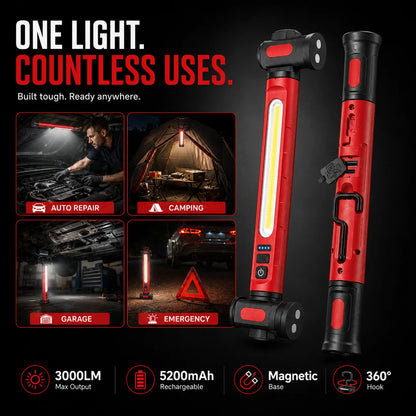 📢📢50% OFF !! ⏰3000LM LED Work Light – Magnetic + hook, 5200mAh battery, 360° rotation. Type‑C fast charge. Bright as day anywhere! 🔋✨