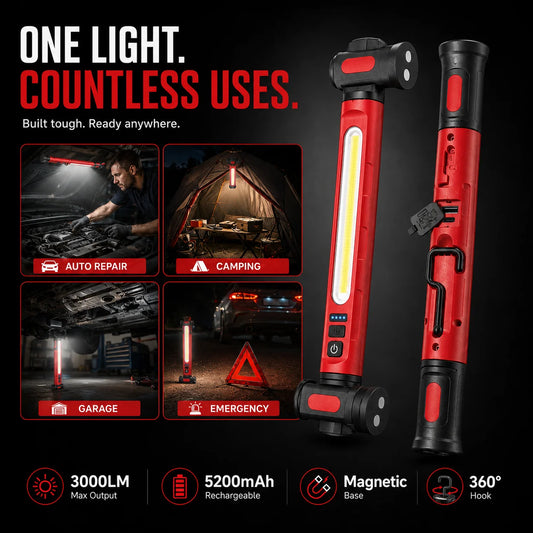 📢📢50% OFF !! ⏰3000LM LED Work Light – Magnetic + hook, 5200mAh battery, 360° rotation. Type‑C fast charge. Bright as day anywhere! 🔋✨