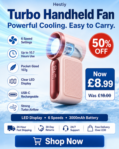 🌬️ LIMITED-TIME 50% OFF! ✨ Turbo Handheld Fan – LED Display, 6 Speeds, 3000mAh 🔋