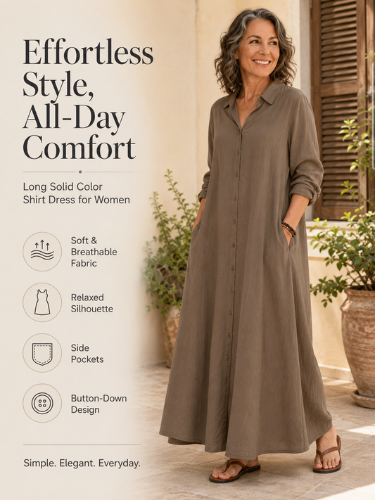 ☀️ SUMMER SALE 👗 Women’s Solid Color Maxi Shirt Dress – Loose Silhouette, Soft Fabric & Everyday Elegance 🌿