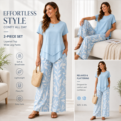 🥳SUMMER HOT SALE🥳💞50K+ SOLD!💥50% OFF! 🔥Casual Round Neck Layered Tunic Top and Wide Leg Pants Set