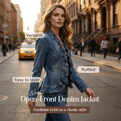 ⏳Limited-time 50% off⏰ Your Basket Loves This 🛍	Women's Ruffle Trim Open-Front Denim Jacket🧥