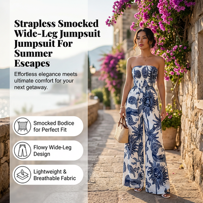 ✨ 2026 New Arrival 👗🌊✨ Strapless Smocked Wide-Leg Jumpsuit – Flowy Blue-White One-Piece Summer Style🌼