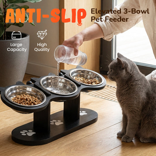 📢📢49% OFF !! ⏰ Anti-Slip Elevated 3-Bowl Pet Feeder! 🍲🐶🐱