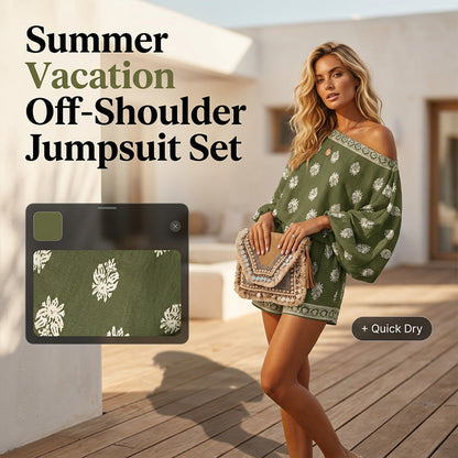 🌴58% OFF NOW!👙 Bohemian Off-Shoulder Jumpsuit Set – Vintage Print & Pockets – Relaxed Vacation Romper 📸