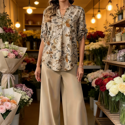 🥳2026 HOT SALE🥳💞50K+ ✨Women's 2-Piece Floral Blouse & Wide-Leg Pants Set