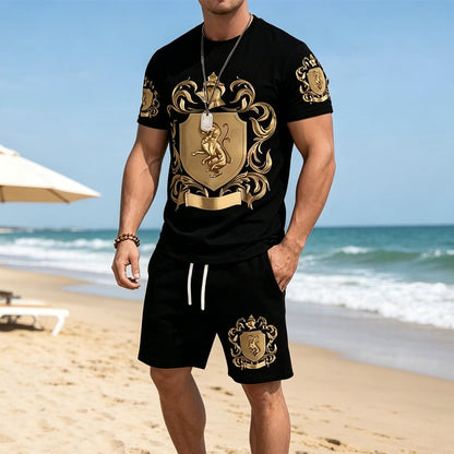 🖤👕🩳 50% OFF Men’s Gold Crest T-Shirt & Shorts Set✨ – Luxury Print, Breathable Comfort & Instant Summer Style
