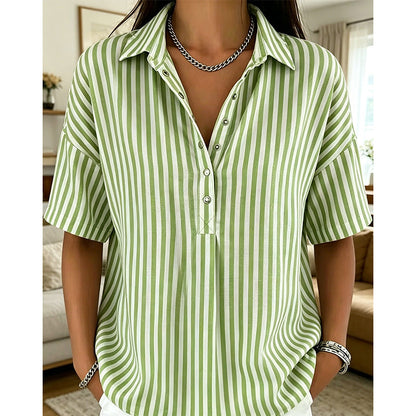 👕 LIMITED-TIME  OFF! ✨ Women's Striped Short-Sleeve Shirt – Relaxed Fit, V Neck, 9 Colors 🍂