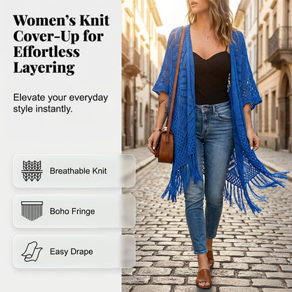 🌴☀️ Women’s Open-Front Knit Cover-Up – Breathable Hollow-Out Knit Beach Cardigan with Tassel Fringe👙