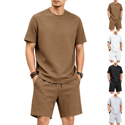 🔥LIMITED TIME 50% OFF!🔥 👕🩳 Men’s Solid Color Short Sleeve Crewneck Outfit – Textured 2-Piece Summer Set✨