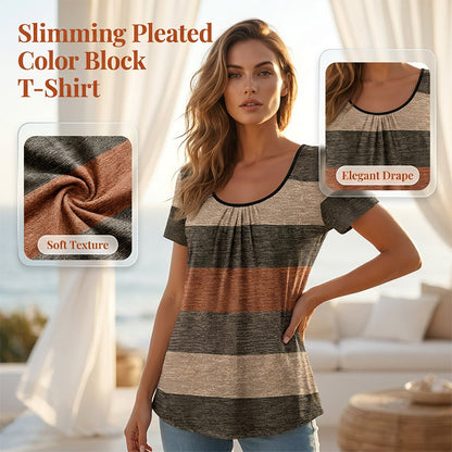 🍀👚LIMITED-TIME 50% OFF DEAL! 🌻Women’s Plus Size Pleated Color Block T-Shirt 🌼– Chic Gathered Neckline, Soft Fabric & Flowy Comfort 🌸
