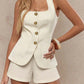 👚 LIMITED-TIME 50% OFF! ✨ Square Neck Vest & Shorts Set – Elegant Neckline, Gold Buttons, Structured Fit 🥂