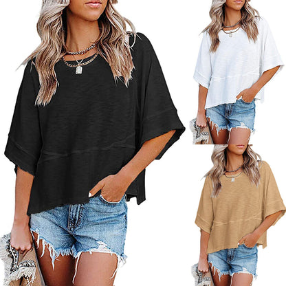 ☀️2026 HOT SALE 50% OFF💃🌸  Women's Solid Color Splicing Loose Five Points Flare Sleeve T-Shirt