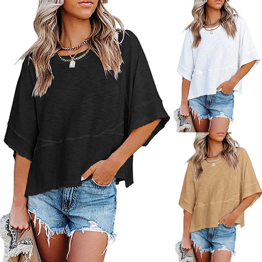 ☀️2026 HOT SALE 50% OFF💃🌸  Women's Solid Color Splicing Loose Five Points Flare Sleeve T-Shirt
