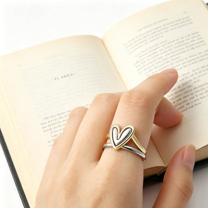💍 Two-Tone Layered Heart Ring – Gold & Silver Finish, Puffy Heart Design & Stacked Band Style