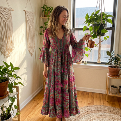 🦋 SUMMER ESCAPE SALE 🌼 Women’s Bohemian Floral Maxi Dress | Tiered Hem, Soft Fabric & Romantic Beach Look