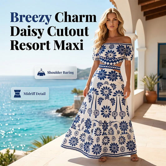 🌺 LIMITED-TIME 48% OFF! 💥 Women's Off-Shoulder Midi Dress – Daisy Print, Waist Cutout & Flattering Flowy Fit – Tropical Chic 💃