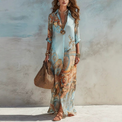 🎁New Arrival 60% OFF💥Elegant Retro Print Maxi Dress | Boho V-Neck Button-Down Flowy Gown | Breathable Summer Beach Holiday Dress