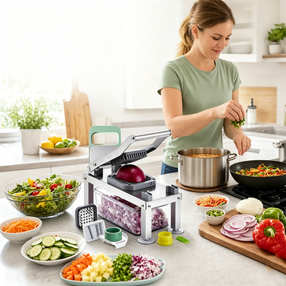 🥕 9-in-1 Vegetable Slicer – versatile kitchen tool for slicing, dicing, grating & shredding, with a practical collection container ✨