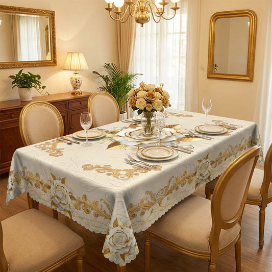 🌹✨  Waterproof Gold Rose Tablecloth – Elegant Embossed Effect, Stain-Resistant Finish & Easy-Clean Design 🏡