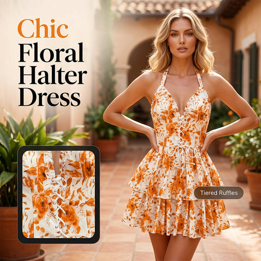 👗🌸 LIMITED-TIME 50% OFF! Women’s Halter Tie-Neck Printed Mini Dress – Lace-Up Front, Smocked Back & Tiered Ruffle Skirt ✨