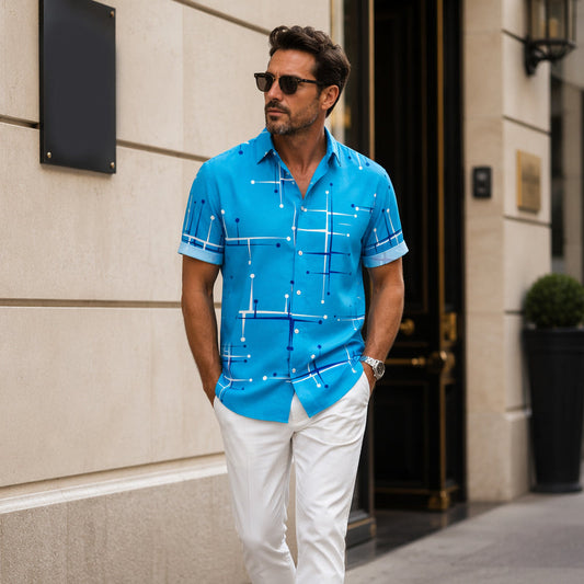 ☀️👔 Summer Hot Sale 🍁Men’s Geometric Print Relaxed-Fit Button-Down Shirt – Soft Summer Feel, Roomy Comfort & Vacation-Ready Style ✨