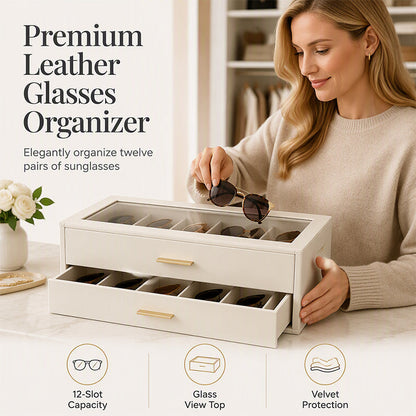 🕶️ 2-Tier Sunglasses Organizer Box with Transparent Glass Top – Display & Store 12 Glasses, PU Leather Eyewear Case with Lock, Dustproof for Home or Shop 🔒✨