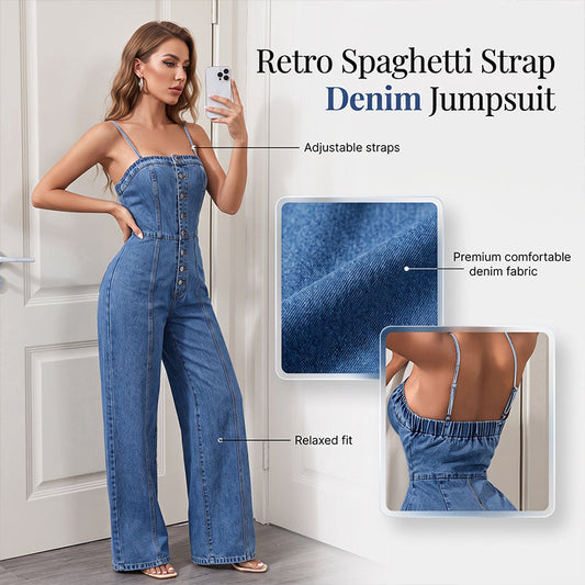 🎉 2026 Sale — Over 38,500 Sold!👖 Women Spaghetti Strap Wide Leg Denim Jumpsuit