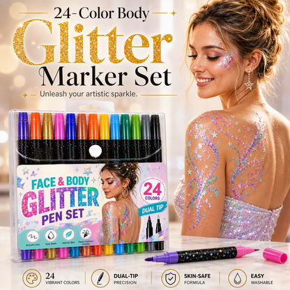 🔥 50% OFF! ✨ 24-Color Face & Body Glitter Marker Set | Dual-Tip Glitter Pens | Easy to Use for Face, Body, Festivals & Parties 🎨