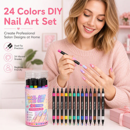 ⏳LAST DAY SALE ONLY ￡9.99!!💕🎁24 Colors Dual Ended Nail Art Pens Set