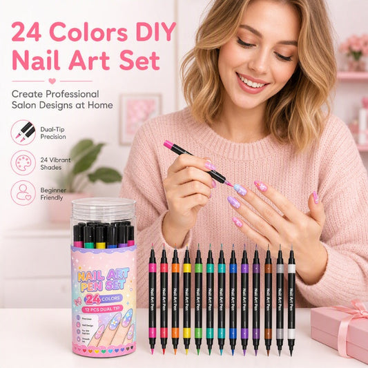 ⏳LAST DAY SALE ONLY ￡9.99!!💕🎁24 Colors Dual Ended Nail Art Pens Set