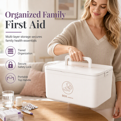 Large Plastic Medicine Storage Box with Multi-Layer Divided Compartments Portable Family Emergency First Aid Organizer Box