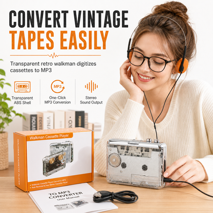 📼🎧✨Transparent Portable Cassette Player & Tape to MP3 Converter with Type-C