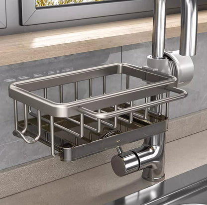 🧽 Faucet-Mounted Sink Caddy: Space Aluminium, Fast-Drain Holes, Drip Tray, No Tools