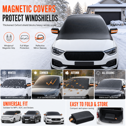 🚗❄️✨Thickened Magnetic Car Windshield Sun Shade and Snow Cover Waterproof Half Car Cover with Reflective Strips